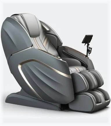 Graphite grey full-body massage chair with champagne trim and side-mounted tablet controller